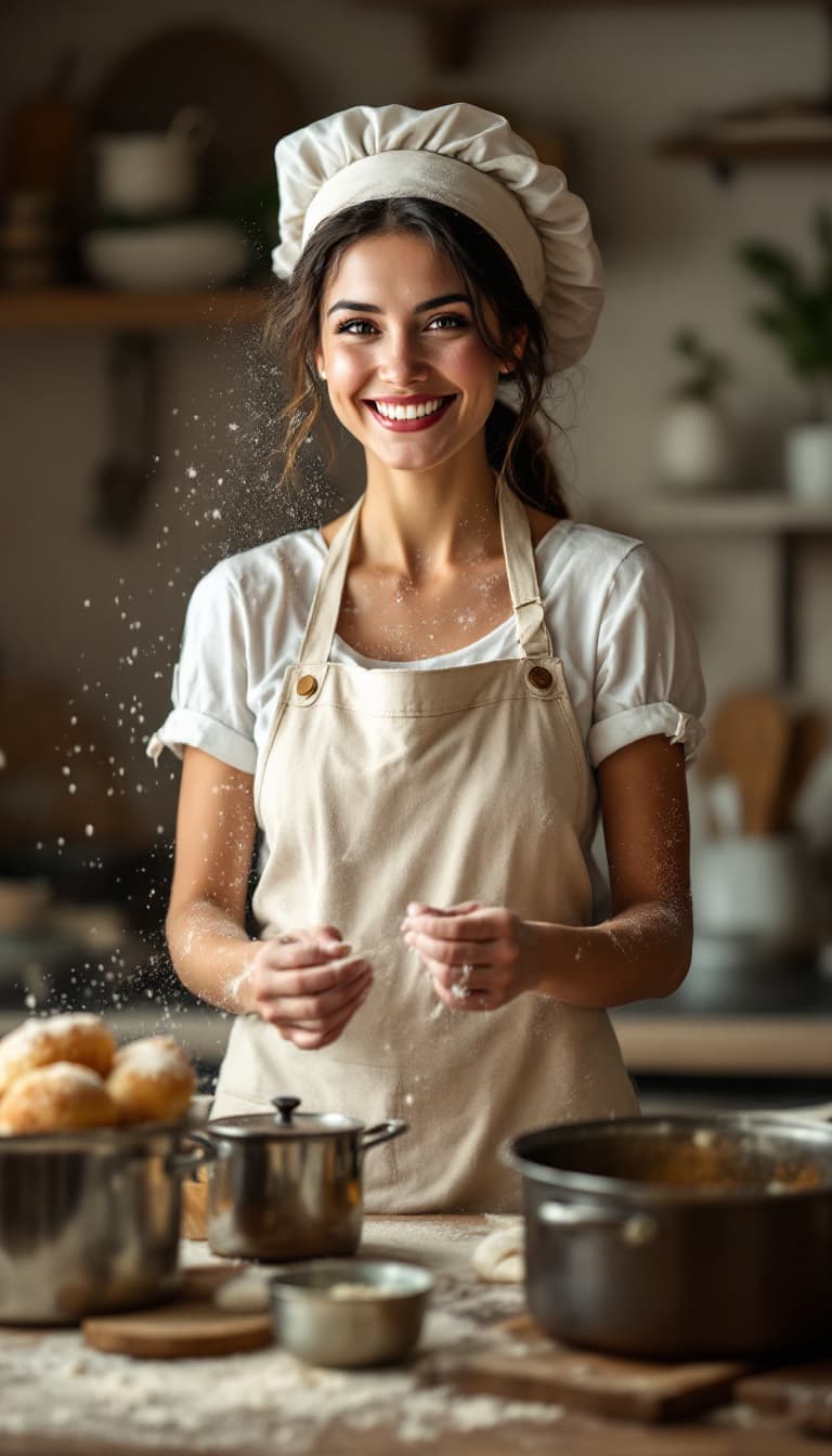 AI generated: A warm and inviting portrait of a cheerful Italian chef. She's caught in her busy kitchen, flour dus...