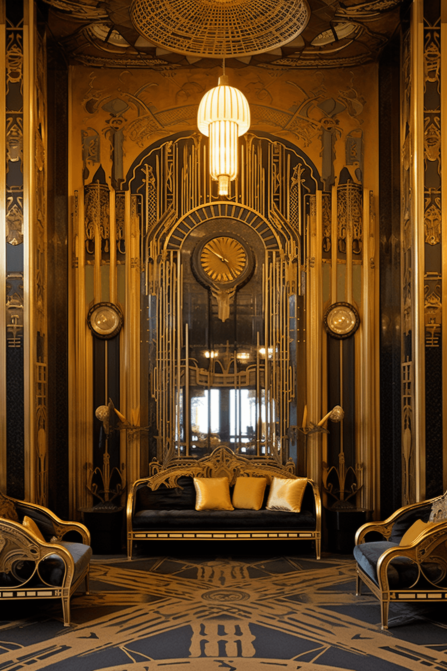 AI generated: A glamorous design, Art Deco building, gold & black opulent color on interior walls, glamorous secti...