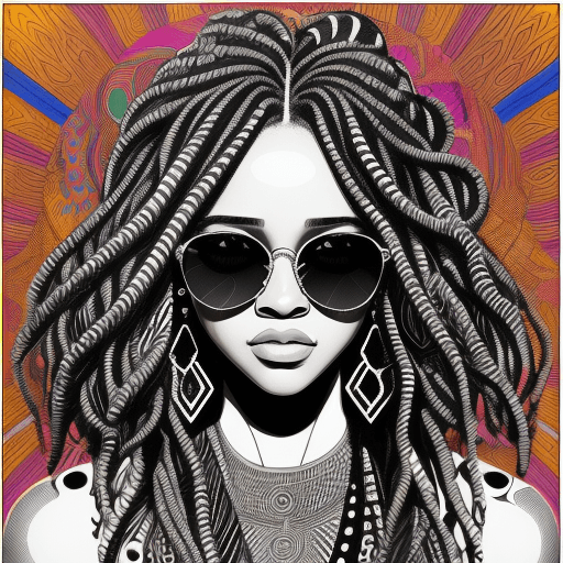 AI generated: Portrait of a female, African style, wavy hair , sunglasses, sparkling eyes,  geometric patterns, vi...