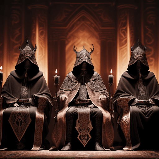 AI generated: In a grand hall adorned with regal tapestries and dimly lit by flickering torches, five hooded kings...