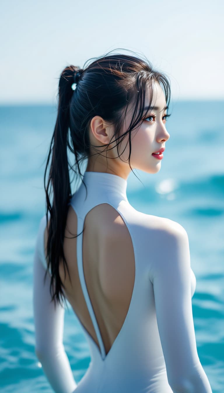 AI generated: High resolution image. A Korean woman in a white freediving suit. Her back view. Her gaze is to the ...