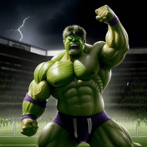 AI generated: An angry Incredible Hulk in the Fighting Irish mascot stance in Leprechaun vests, muscles and veins ...