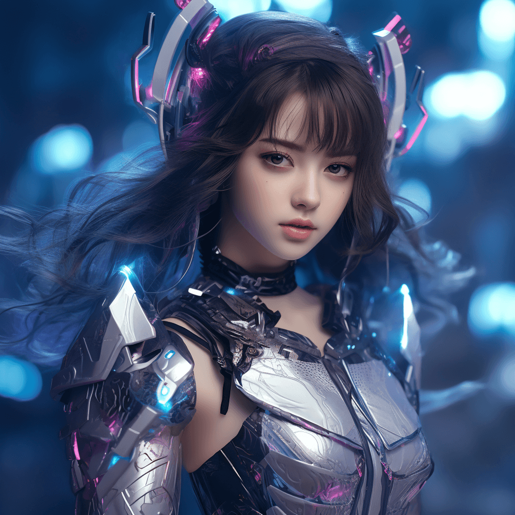 AI generated: 18 years old girl, fair skin,exquisite facial features,Hanfu and mecha,projection holographic displa...