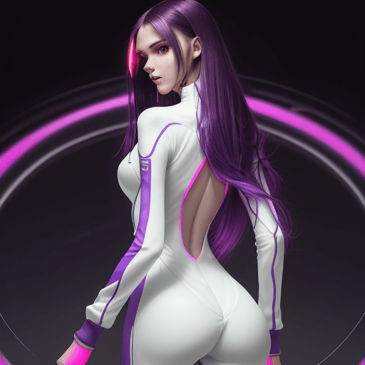 AI generated: High resolution photography, neon colors, one beatiful girl, slender face, long dark purple hair, fr...