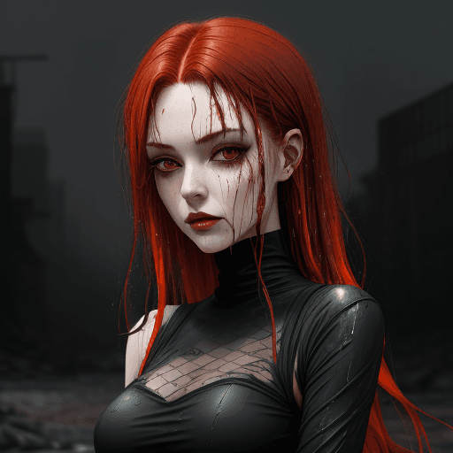 AI generated: photograph of dark red hair, black dress, silver hair, in the style of dark orange and dark emerald,...