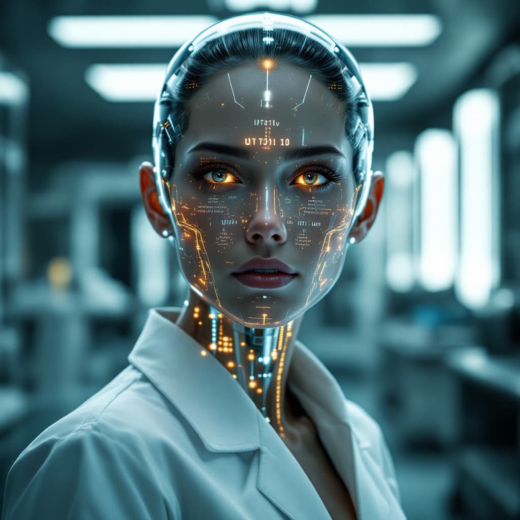 AI generated: A hyper-realistic portrait of an AI humanoid with translucent skin revealing data streams instead of...