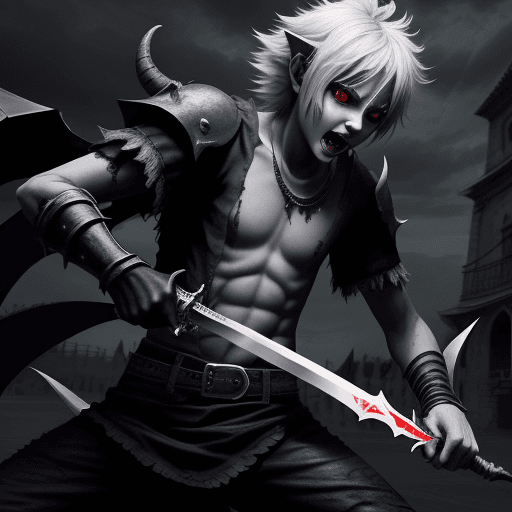 AI generated: demon boy
HD , postura con espada a ataque, si conbinar la espada al usuario,
 con un fondo de un lo...