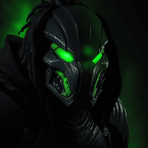 AI generated: A menacing Predator cloaked in darkness, its bio-mask glowing with an eerie green light. The Predato...