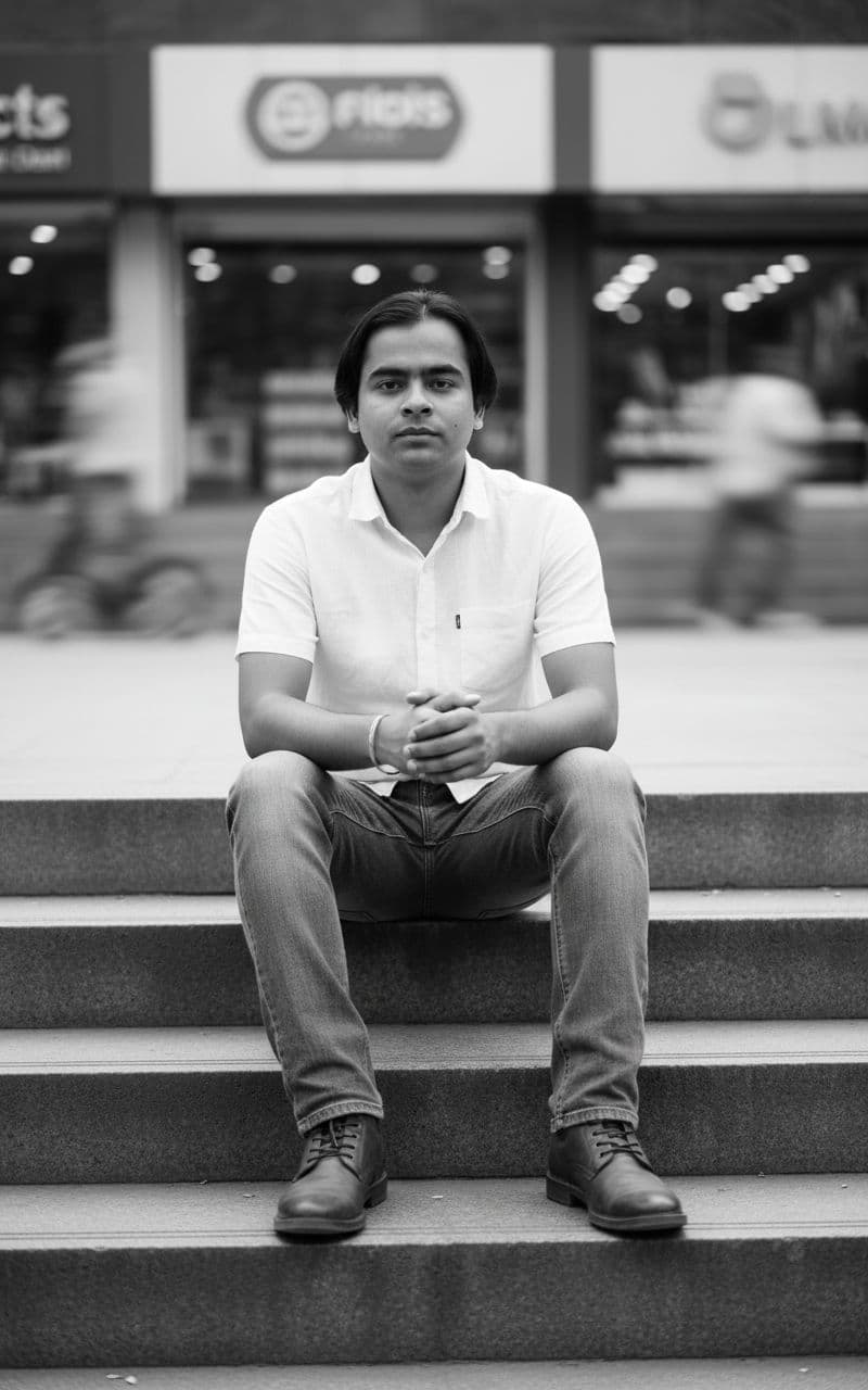 AI generated: Outdoor street-portrait in New Friends Colony CC Market, New Delhi.

A stylish young man (use the ...
