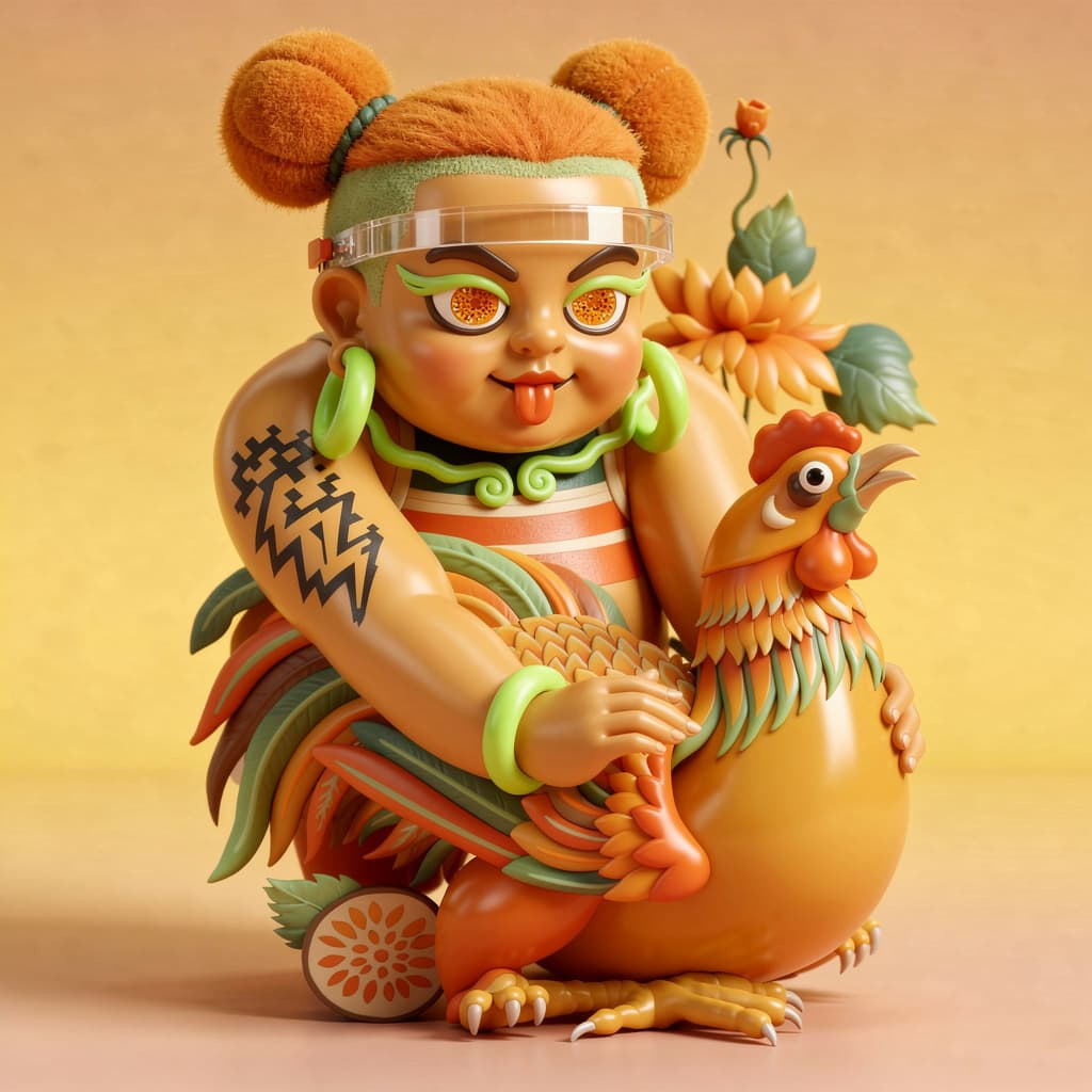 AI generated: Create a hyper-stylized 3D vinyl art toy inspired by Vietnamese folk illustration of a child riding ...