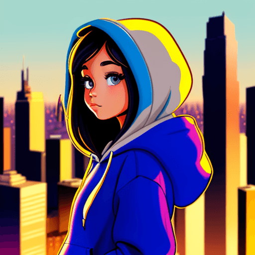 AI generated: a cartoon drawing of a girl in front of a city in a hoodie close up, pansto art style,