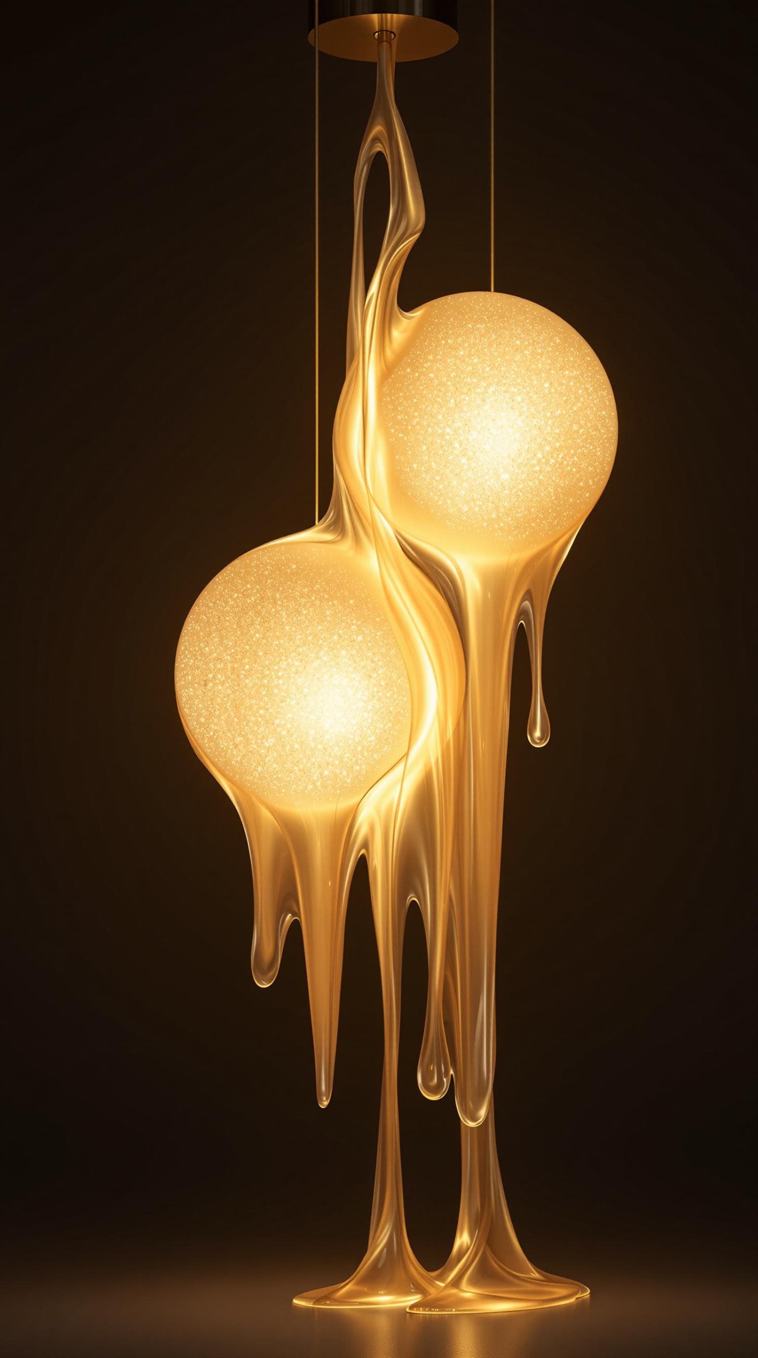 AI generated: an artistic pendant lamp depicting two translucent luminous spheres that appear to have been separat...