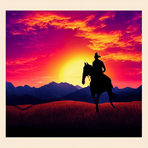 AI generated: t-shirt design, old cowboy riding horse, sunset and mountain background, synthwave, vibrant color, h...