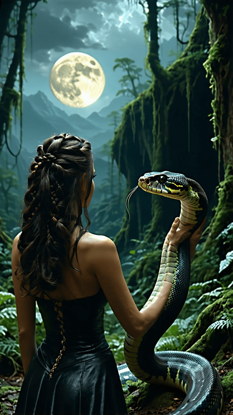 AI generated: BACKVIEW AN CINEMATIC EXTREME CLOSEUP SHOT OF A WOMAN AND HER MAJESTIC PET PYTHON
FACING EACH OTHER...