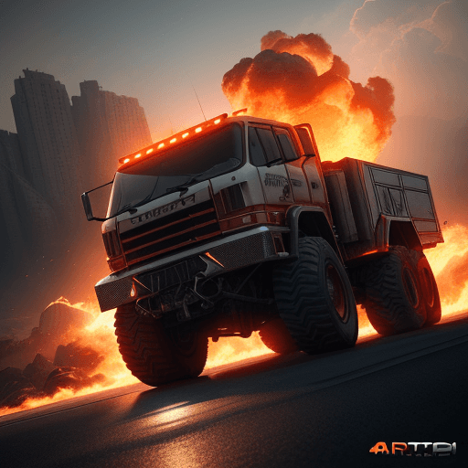 AI generated: Photo of a ultra realistic super truck prototipo of fire man of futur in combat, dramatic light, pal...