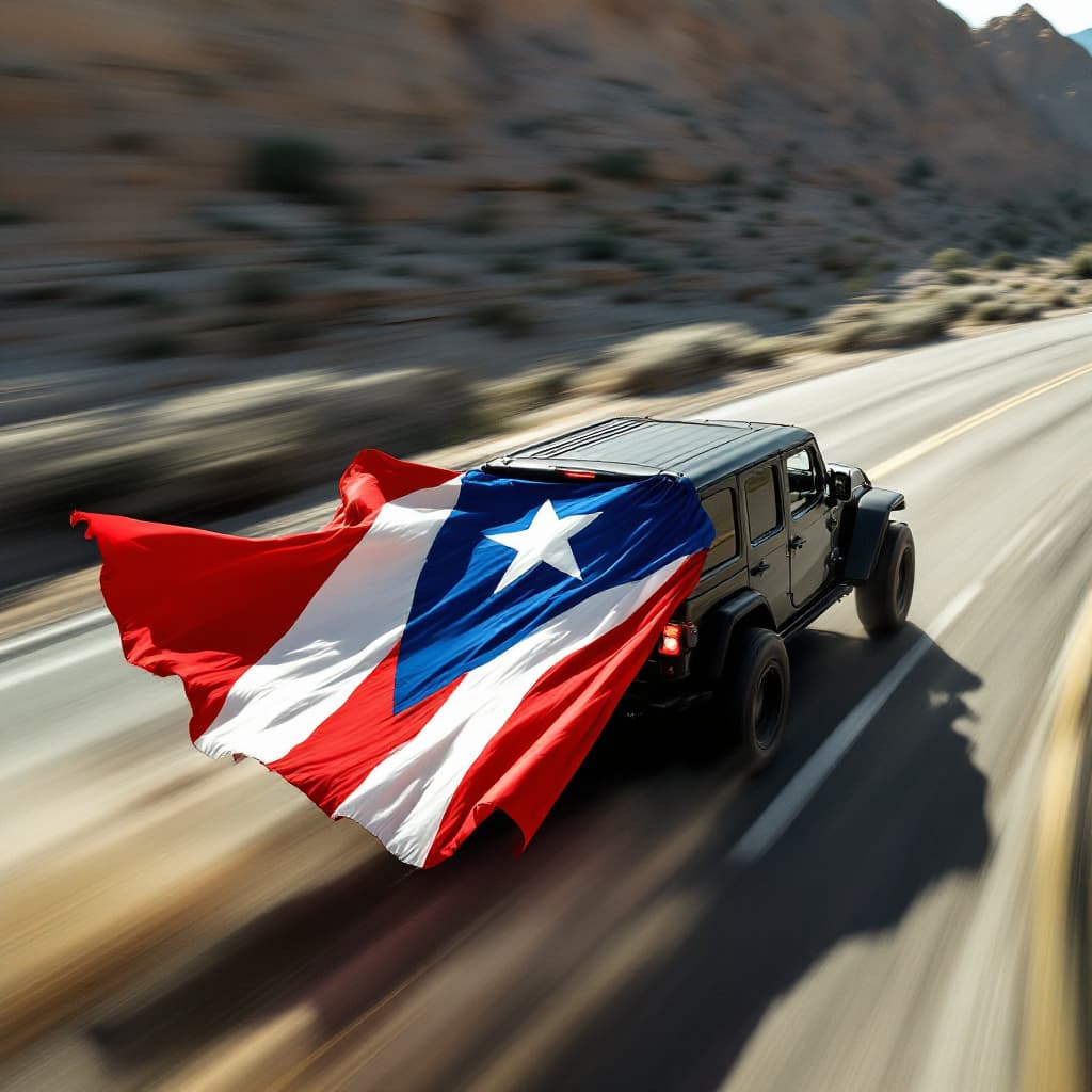 AI generated: Hyper realistic photo of a speeding 2023 Jeep Mojave color black, using the puerto rican flag as a s...