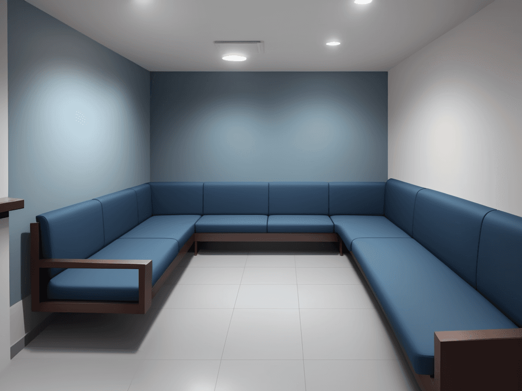 AI generated: medium rest room, in a blue tone, with sofa and bench with coffee, simple corporate environment