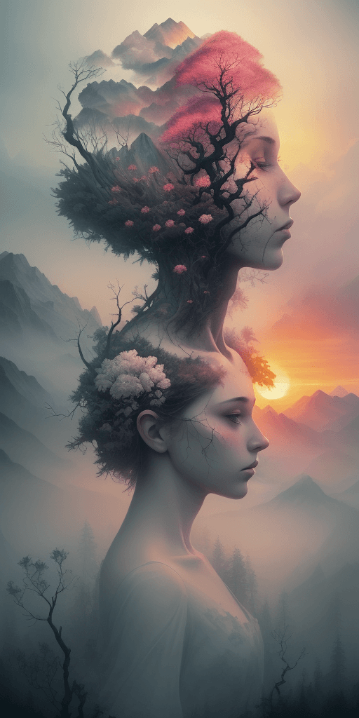 AI generated: Nature exploding out a humans head, trees, flowers, mountain, sunset, nature mind, expressive creati...