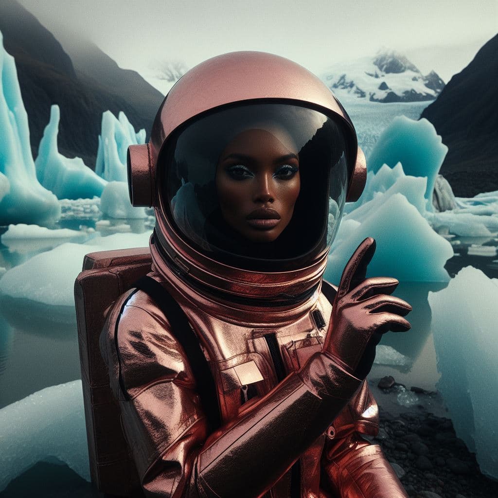 AI generated: In the icefields of Patagonia, a model in Astronaut pink bronze suit discover the icefields and gian...