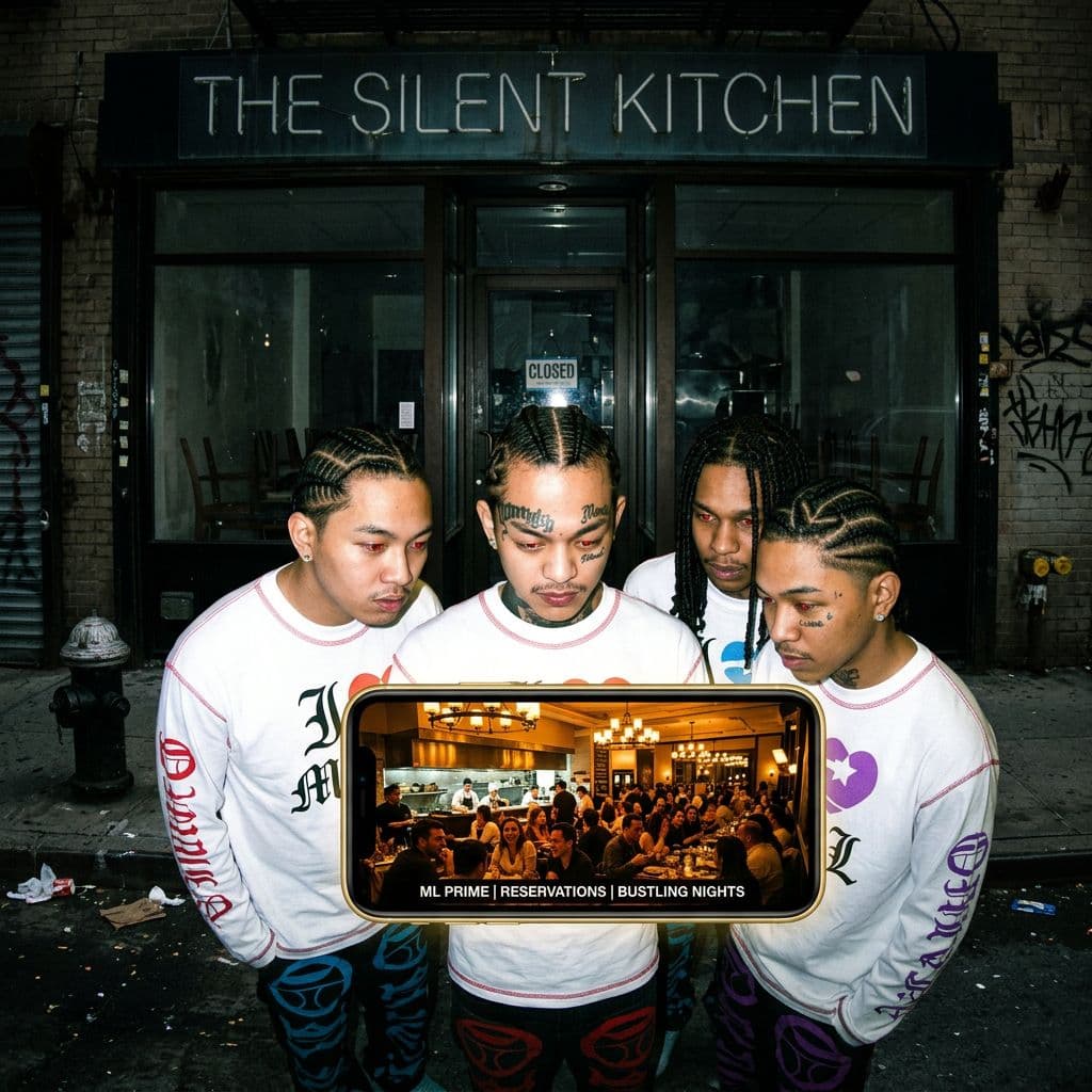 AI generated: urban restaurant exterior at night, harsh direct flash photography, gritty candid street scene

a pe...