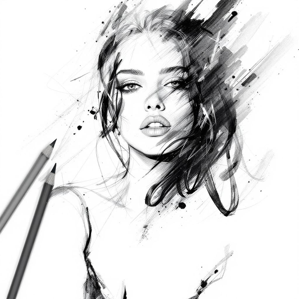 AI generated: woman pencil drawing, smudges, chaos