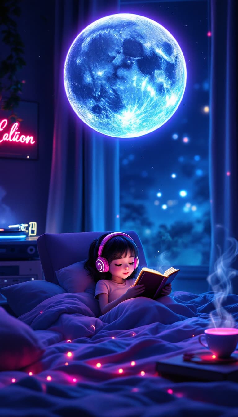 AI generated: A looping animation of a cozy futuristic bedroom at night, lit by soft neon signs and a floating hol...