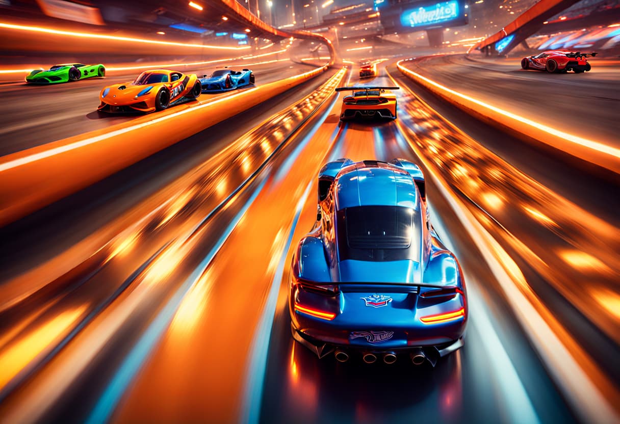 AI generated: cinematic CG 8k wallpaper, aaction scene from Hot Wheels tabletop racing game, bogus room environmen...