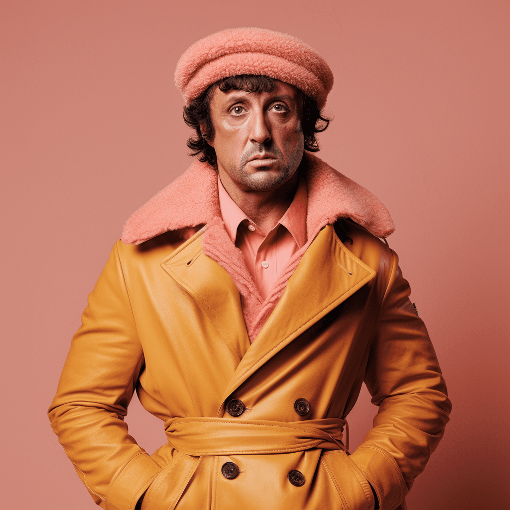 AI generated: Vogue style photo shoot of Sylvester Stallone as character RAMBO from the movie The Royal Tenenbaums...