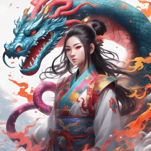 AI generated: showcase the magnificence of Orochi, colorful masterpiece, 1girl, extremely detailed snake with drag...