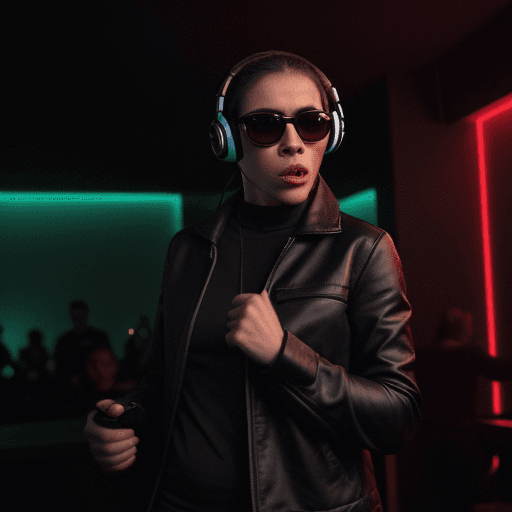 AI generated: action packed, The image features a (monkey wearing a tosca jacket:1.3), a black shirt, and a pair o...