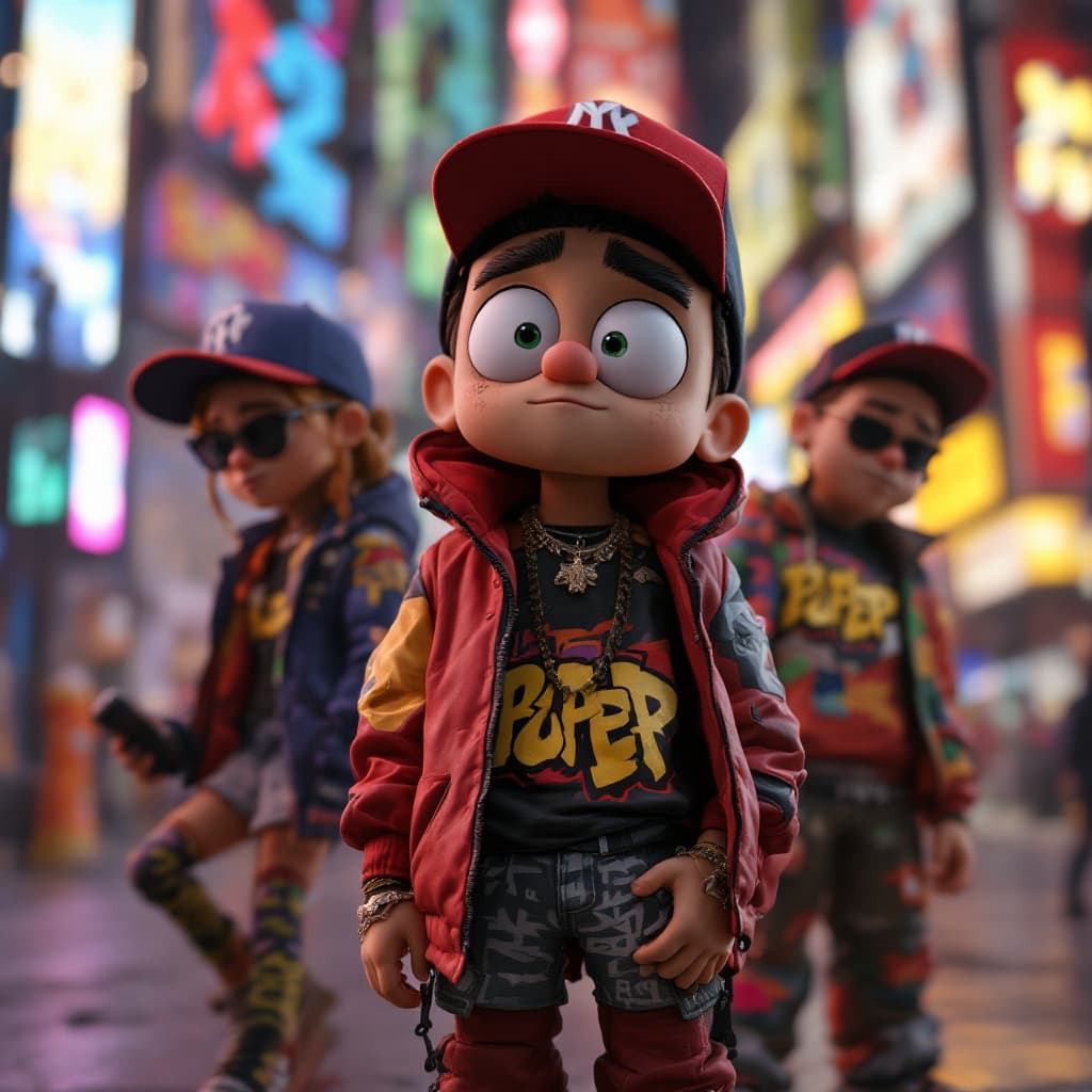 AI generated: hip hop graffiti pixar style characters,  full body, 4k, hyper realistic, focused, extreme details, ...