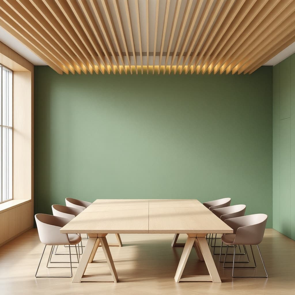 AI generated: colourful photorealism, modern minimalist office meeting room interior featuring sleek wooden furnit...