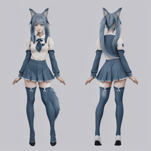 AI generated: anatomically correct, full body t-pose view of anime style wolf girl with dark Chambray blue and whi...