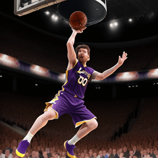 AI generated: Lionel Messi playing basketball, he is jumping to dunk on the hoop and he is dressed in the Lakers u...
