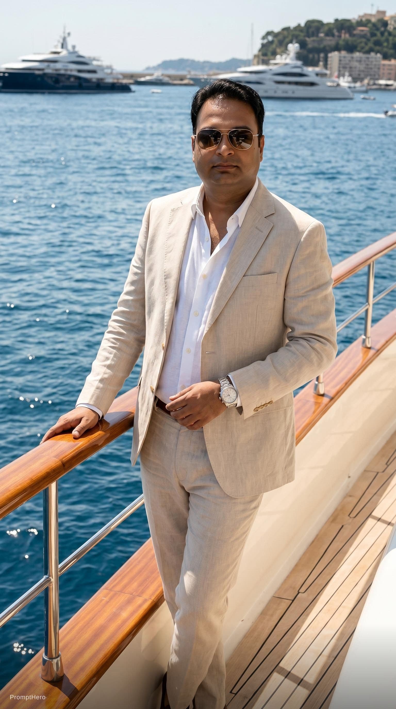 AI generated: Create a high-end fashion image of a male model wearing a tailored summer suit with an open shirt. P...