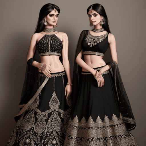 AI generated: A unique lehenga design in black and a conservative one. Could be sleeveless 