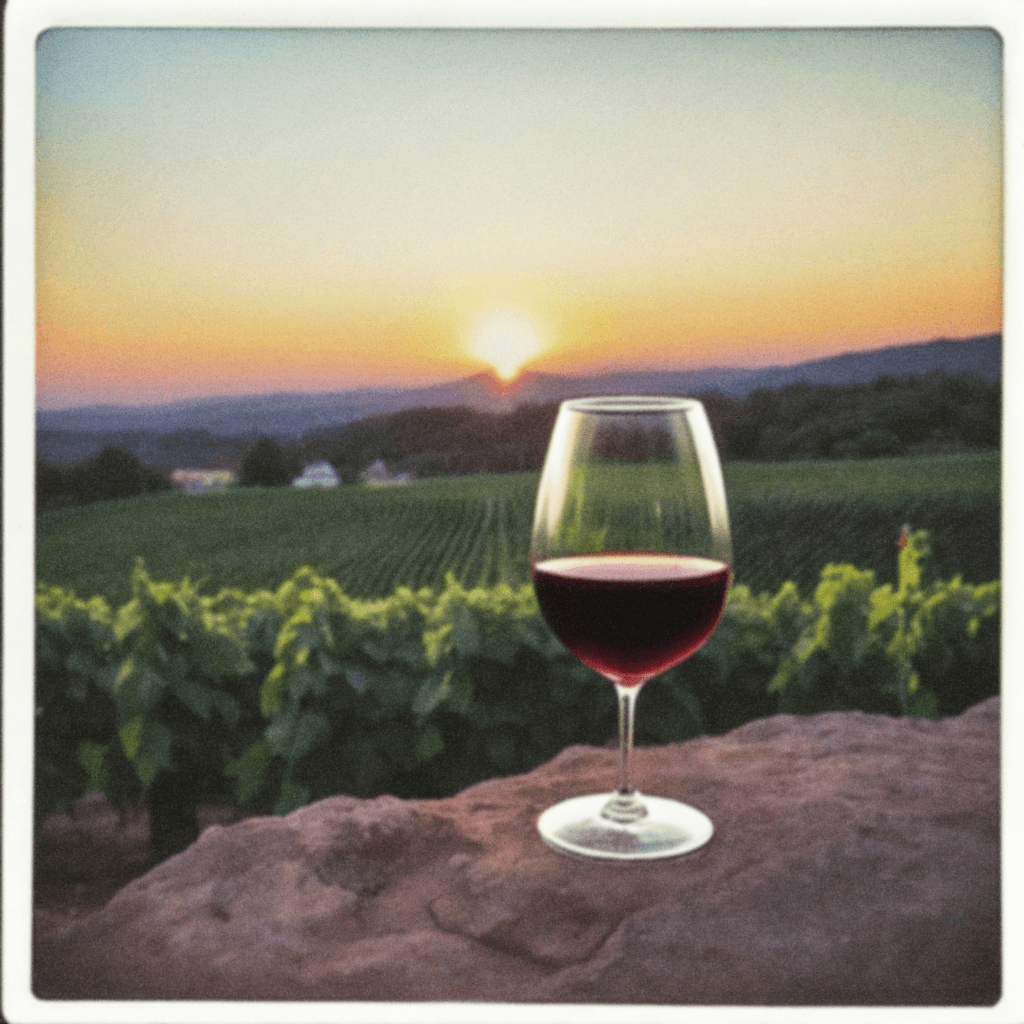 AI generated: In the foreground, a single glass of red wine is placed on a rock, in the background a vineyard stre...