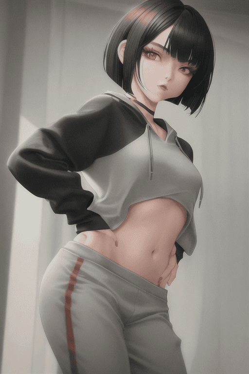 AI generated: 1 girl, beautiful Korean girl, (Cute Loose Bob hair), (wearing a cropped hoodie, capri sweatpants:1....