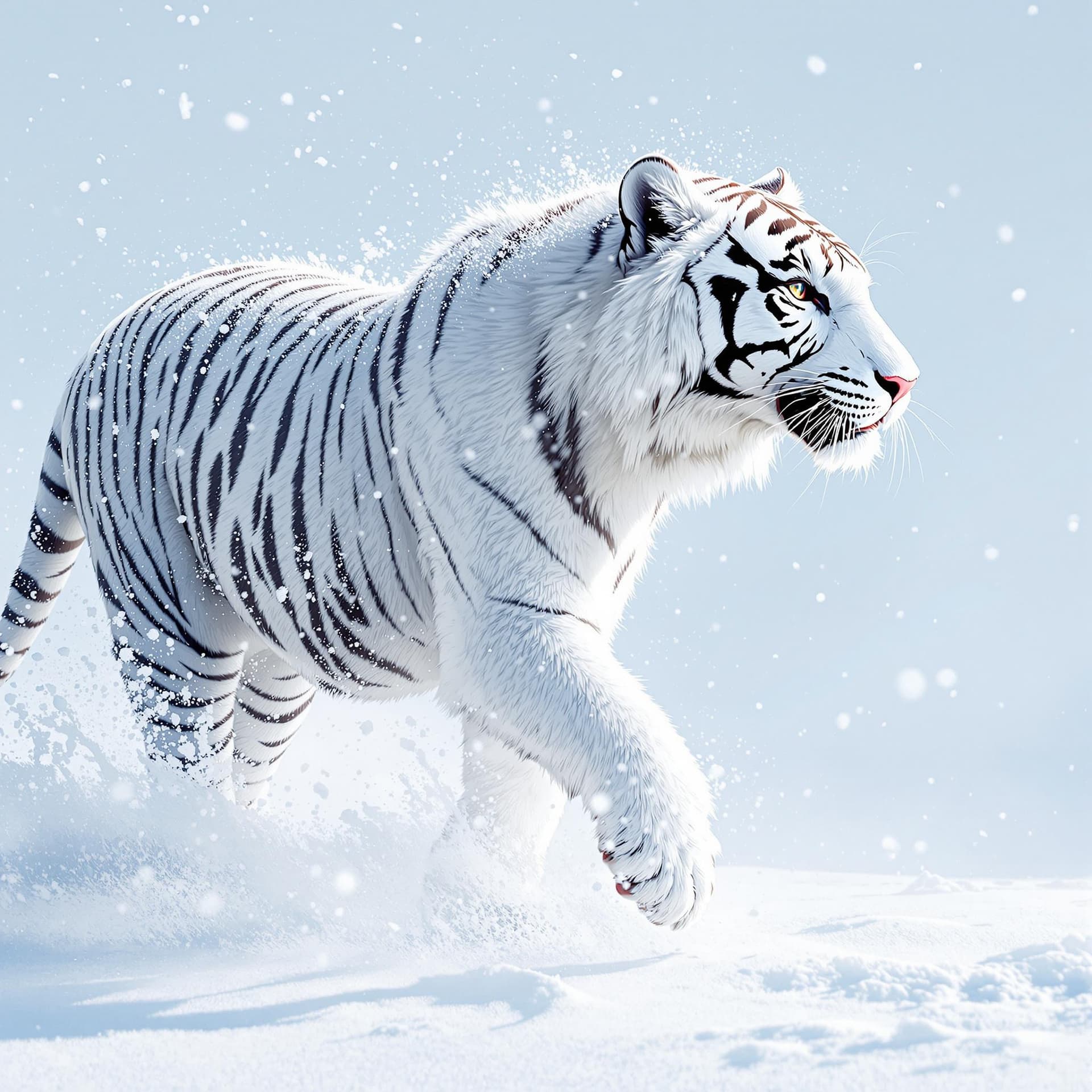AI generated: a digital art piece of a white tiger walking in the snow. The tiger is in motion, with its body stre...