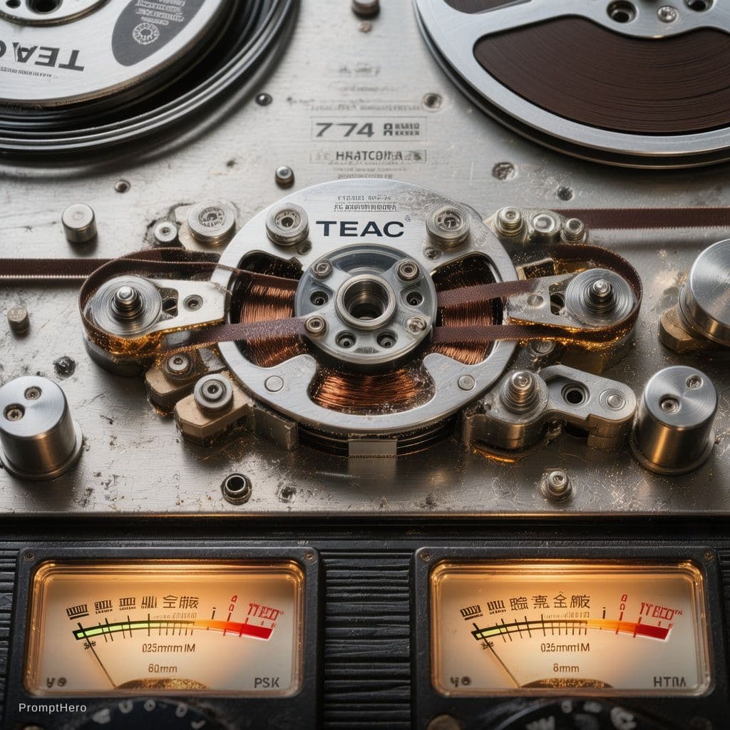 AI generated: Extreme macro vertical photography of a vintage TEAC A-7400RX reel-to-reel deck. Detailed head block...