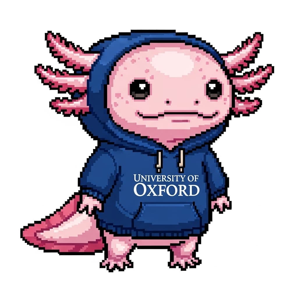 AI generated: A cute 2d sprite Axolotl wearing a hoodie from the University of Oxford. 