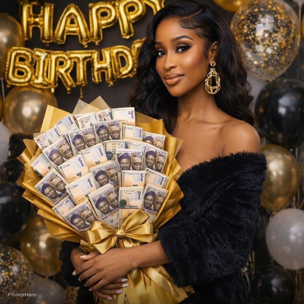 AI generated: A birthday photo with balloons decorations and photo of me holding naira banquet 