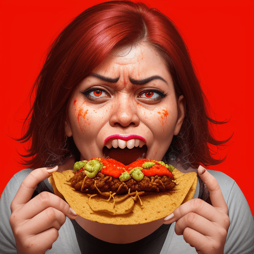 AI generated: A woman joyfully munching on a very spicy, hot and big taco with a extremely high Scoville count, it...