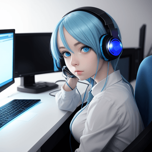 AI generated: anime girl with blue eyes and blue hair at a computer desk and wearing headphones