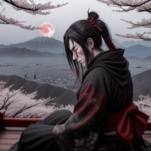 AI generated:  blood stained moon, the last ronin depressed and angry on a Japanese mountain top with cherry bloss...