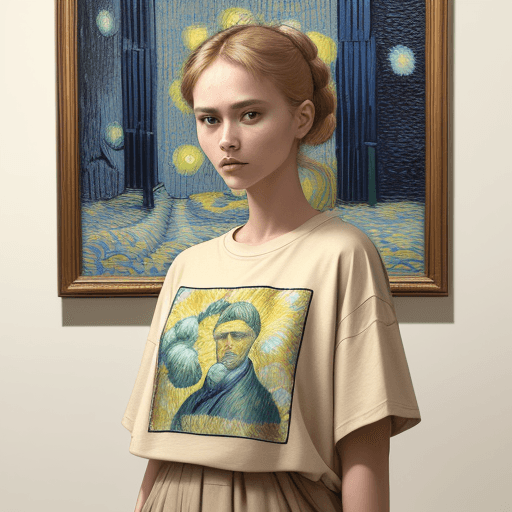 AI generated: In the visual representation, a woman stands against a neutral beige backdrop, the portrait in her b...