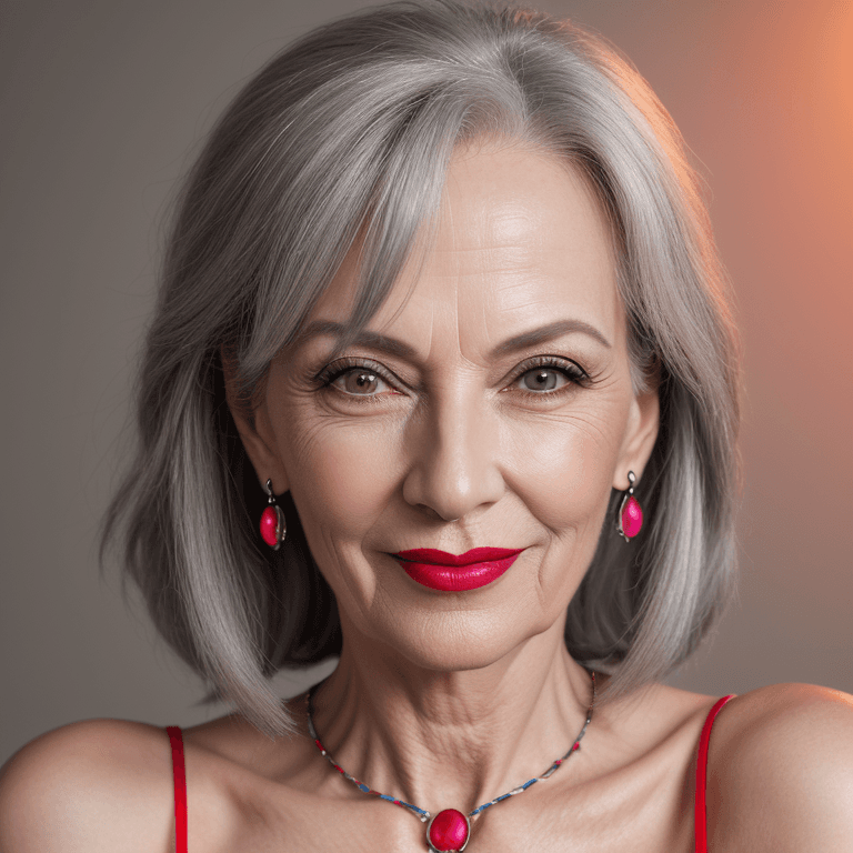 AI generated: hyper realistic headshot photo of a 55 year old stylish, woman,  elegant, long grey hair, slim, skin...