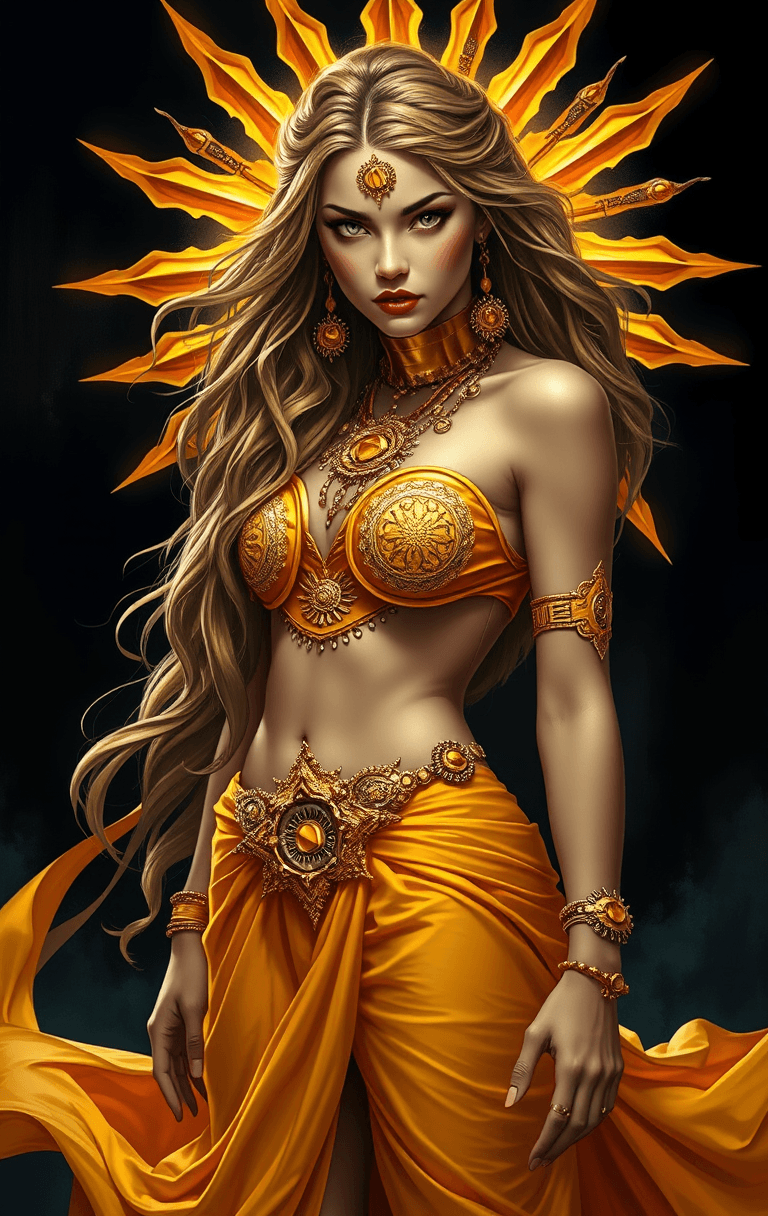 AI generated: A stunning portrait of a female figure, dressed in a vibrant, golden solar-inspired outfit. She has ...