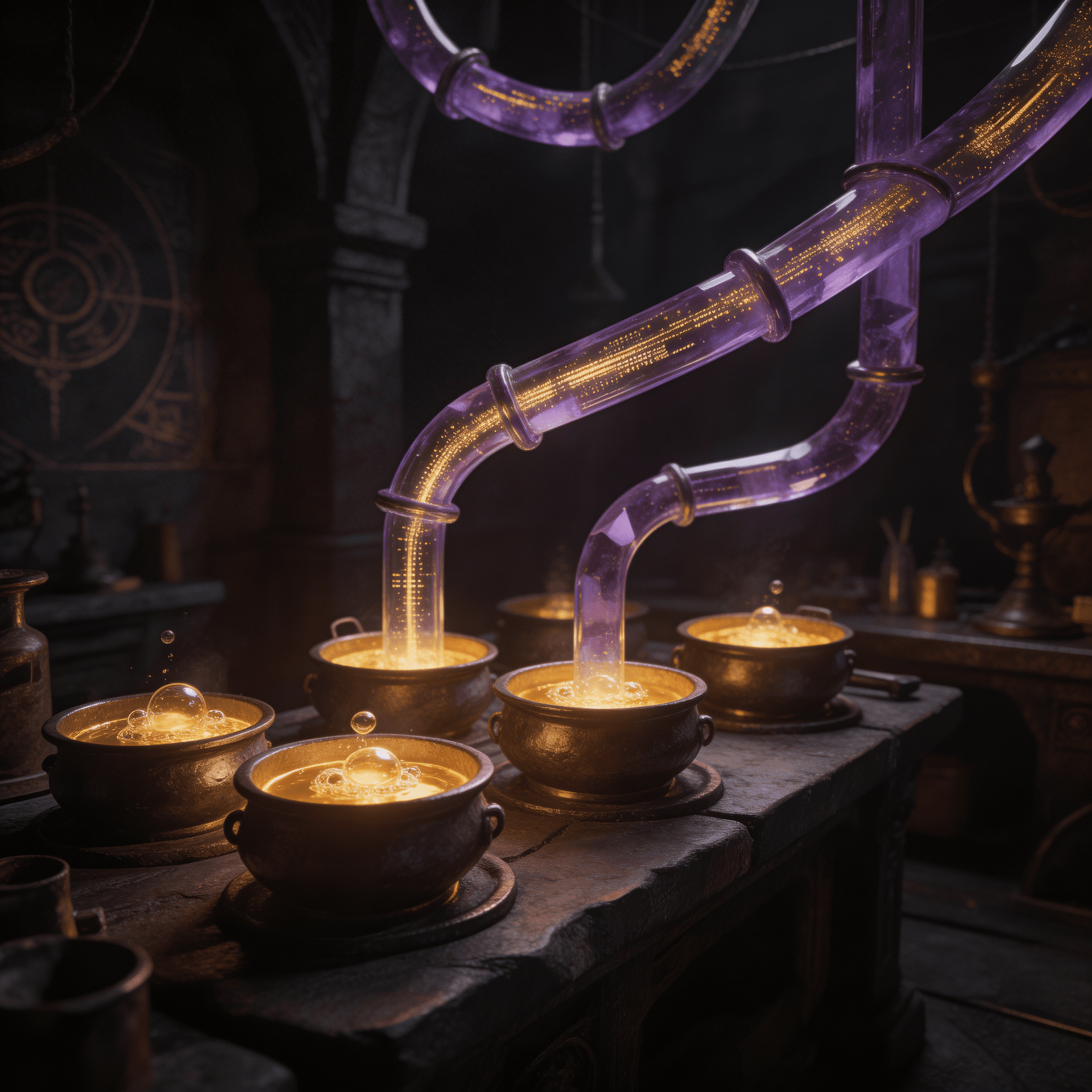 AI generated: Digital alchemy laboratory, token creation forge with glowing crucibles, golden (#FFD700)data flowin...