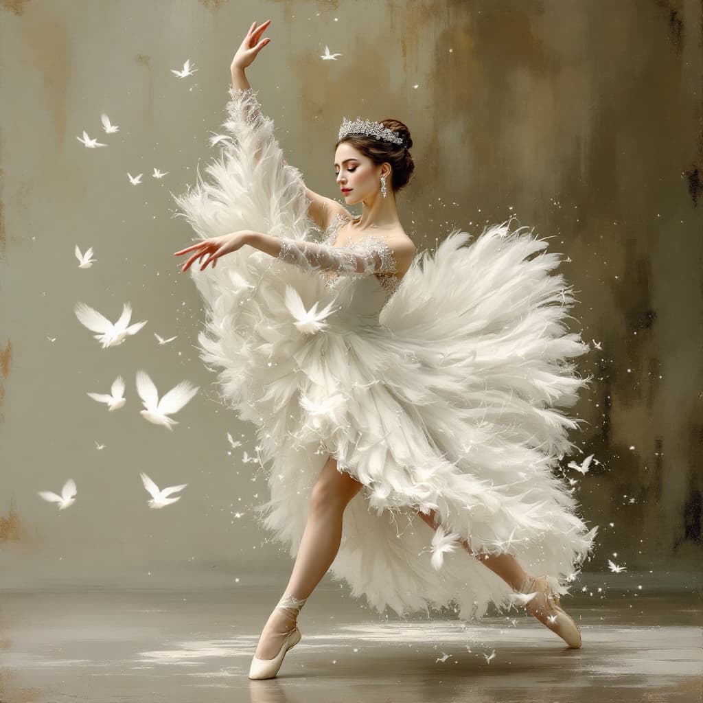 AI generated: Uma bailarina elegante inspirada em Anna Pavlova dançando 'O Lago dos Cisnes', com uma roupa branca ...
